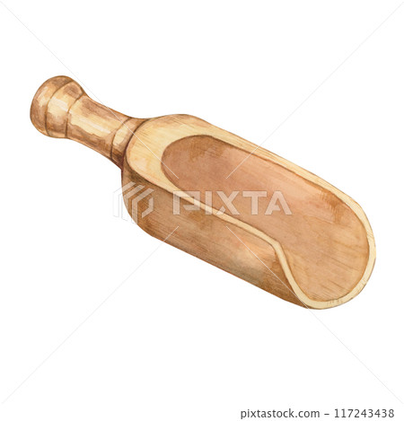 Wooden spoon in watercolor. Hand drawn clipart of empty wooden spatula in rustic style. Design of kitchen utensil for printing, packaging, design isolated on white background Wooden spoon in watercolor. Hand drawn clipart of empty wooden spatula in rustic style. Design of kitchen utensil for printing, packaging, design isolated on white background 117243438