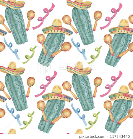 Seamless pattern with Cinco de Mayo hand drawn elements in watercolor. Colorful cacti with maracas and fiesta flowers tiles. Repeat clip arts for printing, textile, apparel, wrapping, paper, packaging Seamless pattern with Cinco de Mayo hand drawn elements in watercolor. Colorful cacti with maracas and fiesta flowers tiles. Repeat clip arts for printing, textile, apparel, wrapping, paper, packaging 117243440