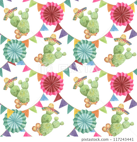 Seamless pattern with Cinco de Mayo hand drawn elements in watercolor. Colorful cacti with maracas and fiesta flowers tiles. Repeat clip arts for printing, textile, apparel, wrapping, paper, packaging 117243441