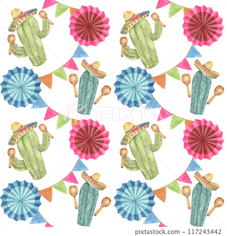 Seamless pattern with Cinco de Mayo hand drawn elements in watercolor. Colorful cacti with maracas and fiesta flowers tiles. Repeat clip arts for printing, textile, apparel, wrapping, paper, packaging 117243442