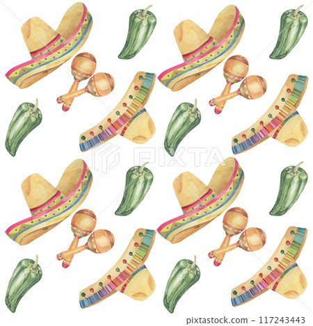 Seamless pattern with Cinco de Mayo hand drawn elements in watercolor. Colorful sombreros with maracas and jalapeno tiles. Repeat clip arts for printing, textile, apparel, wrapping, paper, packaging Seamless pattern with Cinco de Mayo hand drawn elements in watercolor. Colorful sombreros with maracas and jalapeno tiles. Repeat clip arts for printing, textile, apparel, wrapping, paper, packaging 117243443