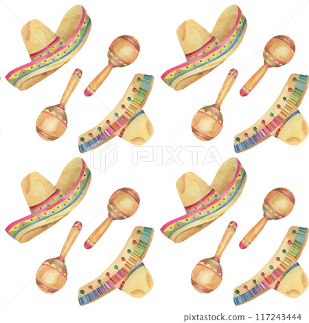Seamless pattern with Cinco de Mayo hand drawn elements in watercolor. Colorful sombreros with maracas tiles. Repeat clip arts for printing, textile, apparel, wrapping, paper, packaging 117243444