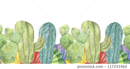Seamless border of cacti and paper fan elements hand drawn in watercolor. Colorful design with cacti and fiesta flowers isolated on white background. Clip arts for printing, cards, banners, packaging 117243468