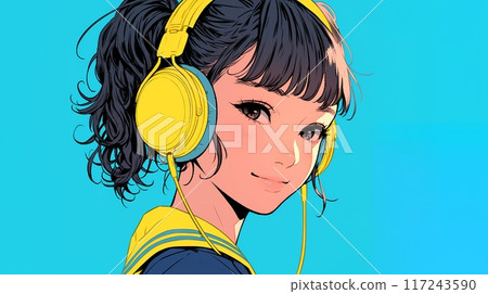 girl listening to music with headphones 117243590