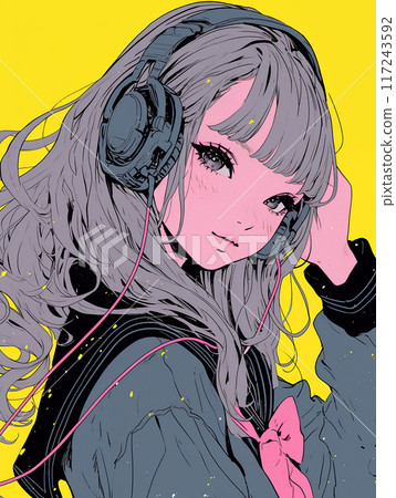 戴著耳機聽音樂的女孩 戴著耳機聽音樂的女孩 117243592