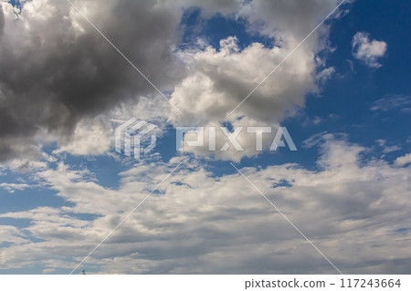 Ornamental clouds. Dramatic sky. Epic storm cloudscape Soft sunlight. Panoramic image texture background graphic resources design Meteorology, heaven hope peace concept 117243664