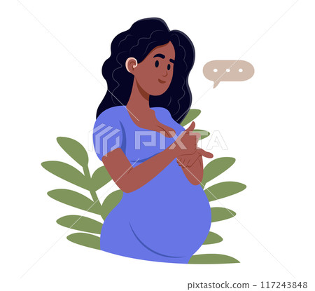 A pregnant woman uses a hearing aid and experiencing sound. A pregnant woman who has lost her hearing uses sign language. Vector illustration. 117243848