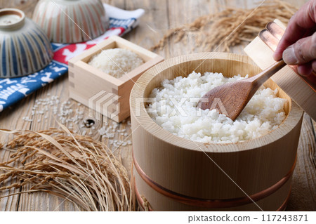 碗裡新鮮煮熟的米飯（舊板背景） 117243871