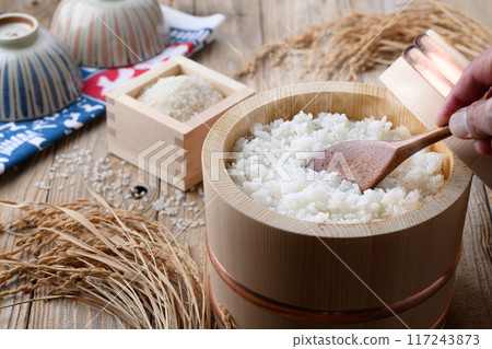 碗裡新鮮煮熟的米飯（舊板背景） 117243873