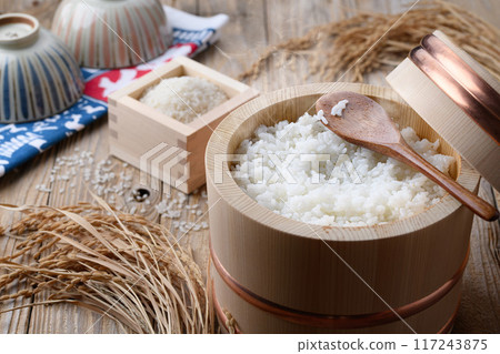 Freshly cooked rice in a rice cooker (against old wood background) Freshly cooked rice in a rice cooker (against old wood background) 117243875
