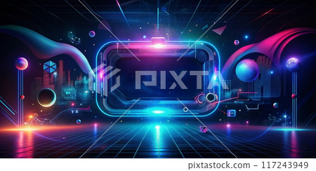 Futuristic Digital Interface with Neon Lights and Abstract Geometric Shapes in a Sci-Fi Virtual Reality Environment 117243949