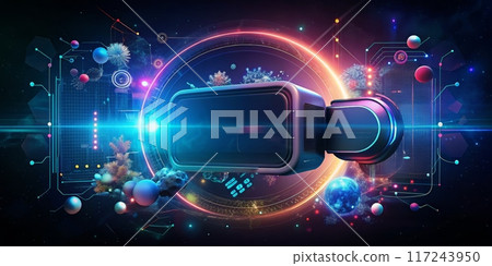 Futuristic Virtual Reality Headset with Abstract Digital Interface and Cosmic Elements 117243950