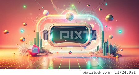 Futuristic Virtual Reality Headset with Neon Lights and Abstract Digital Landscape in a Sci-Fi Setting 117243951
