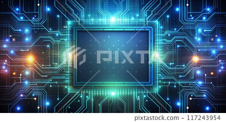 Futuristic Digital Circuit Board with Glowing Lights and Central Processor Chip Futuristic Digital Circuit Board with Glowing Lights and Central Processor Chip 117243954