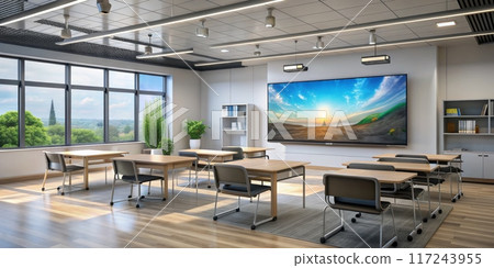 Modern Classroom with Large Interactive Screen and Natural Light from Large Windows Modern Classroom with Large Interactive Screen and Natural Light from Large Windows 117243955