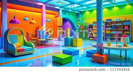 Vibrant Modern Interior with Colorful Furniture and Decor in a Contemporary Living Space 117243956