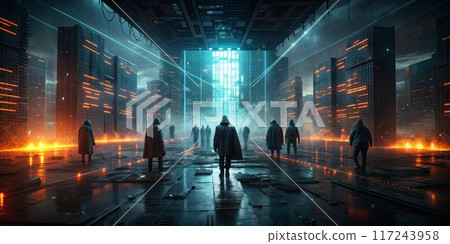 Futuristic Cyberpunk Cityscape with Hooded Figures and Neon Lights in a Dystopian Setting 117243958