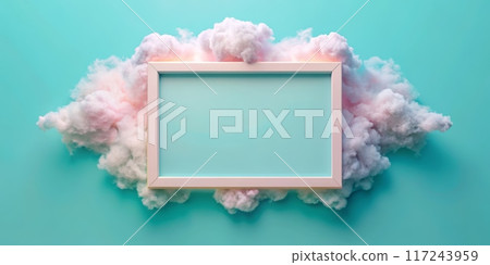Empty Picture Frame Surrounded by Pink and White Clouds on a Turquoise Background 117243959