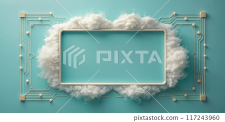 Futuristic Digital Frame with Cloud and Circuit Board Elements on a Turquoise Background 117243960