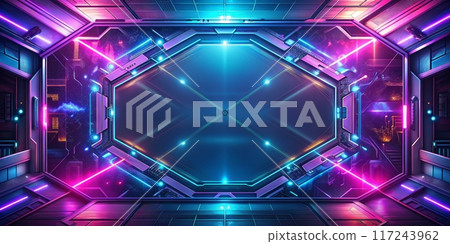 Futuristic Sci-Fi Space Station Interior with Neon Lights and High-Tech Design in Vibrant Colors 117243962