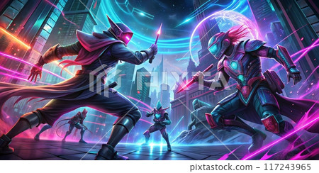 Futuristic Cyberpunk Battle Scene with Neon Lights and High-Tech Warriors in a Sci-Fi Cityscape 117243965