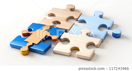 Colorful Wooden Puzzle Pieces Assembling Together on White Background 117243966