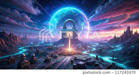 Futuristic Sci-Fi Landscape with Glowing Portal and Alien Terrain Under a Starry Sky 117243970
