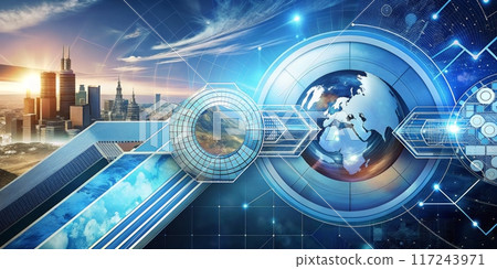 Futuristic Global Technology Concept with Digital Earth and Modern Cityscape at Sunrise 117243971