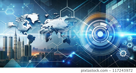 Futuristic Global Technology Interface with Cityscape and World Map Overlay 117243972