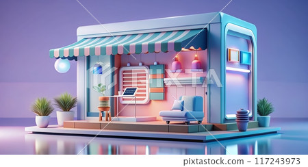 Modern Minimalist Outdoor Lounge with Colorful Lighting and Contemporary Furniture 117243973