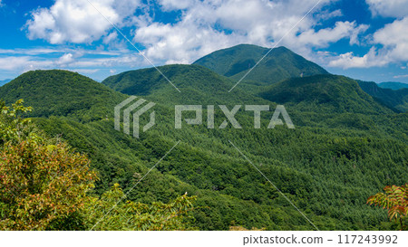 Distant view of Mt. Asamagakure from the Hanamagariyama hiking trail, Gunma Prefecture, Japan Distant view of Mt. Asamagakure from the Hanamagariyama hiking trail, Gunma Prefecture, Japan 117243992