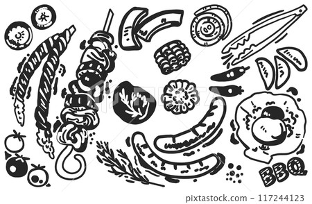 豐盛的燒烤食物圖示集庫存插畫素材 豐盛的燒烤食物圖示集庫存插畫素材 117244123