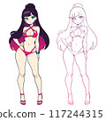Full body anime drawing of a girl with long hair wearing a pink bikini. 117244315