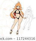 Full body anime illustration of a blonde girl in a black halter bikini. 117244316