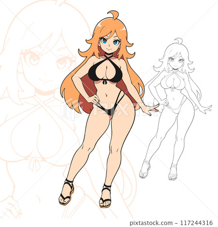 Full body anime illustration of a blonde girl in a black halter bikini. 117244316