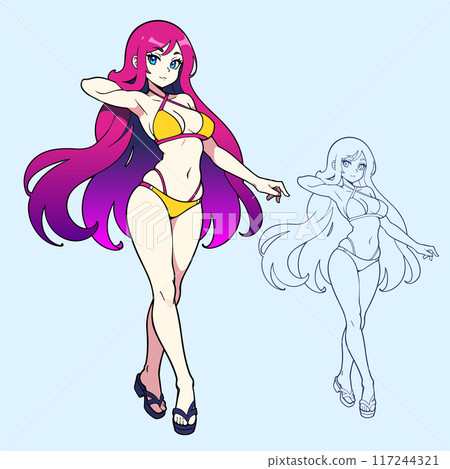 Full body illustration of an anime girl with pink long hair wearing a bikini. 117244321