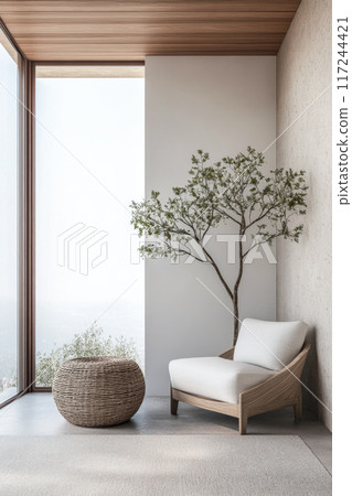 Relaxing property interiors with zen vibes in an interior design minimalist composition. Oriental inspired Real Estate home. Relaxing property interiors with zen vibes in an interior design minimalist composition. Oriental inspired Real Estate home. 117244421