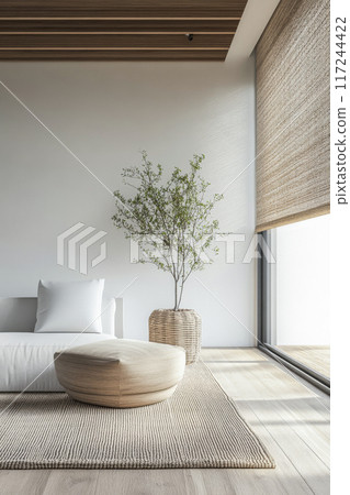 Relaxing property interiors with zen vibes in an interior design minimalist composition. Oriental inspired Real Estate home. 117244422