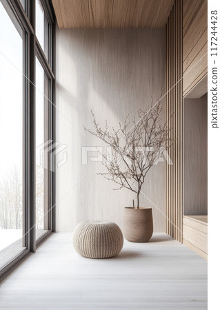 Relaxing property interiors with zen vibes in an interior design minimalist composition. Oriental inspired Real Estate home. 117244428