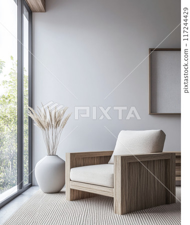 Relaxing property interiors with zen vibes in an interior design minimalist composition. Oriental inspired Real Estate home. 117244429