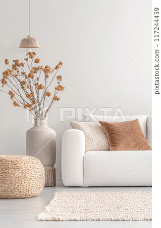 Japandi interiors design composition with neutral tones, natural lighting and minimal furniture. Oriental inspired Real Estate interiors with copyspace. 117244459