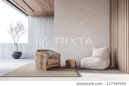 Relaxing property interiors with zen vibes in an interior design minimalist composition. Oriental inspired Real Estate home. 117244569