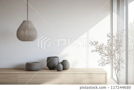 Japandi interiors design composition with neutral tones, natural lighting and minimal furniture. Oriental inspired Real Estate interiors with copyspace. 117244680