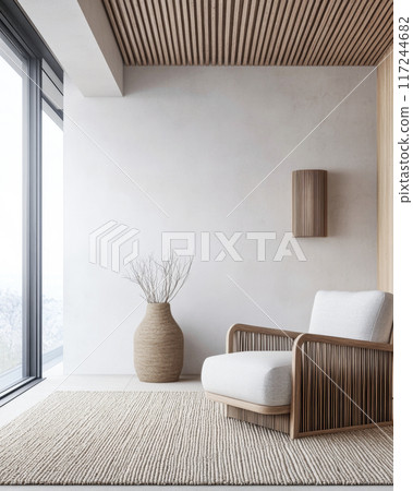 Japandi interiors design composition with neutral tones, natural lighting and minimal furniture. Oriental inspired Real Estate interiors with copyspace. 117244682