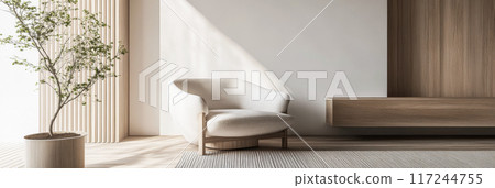 Japandi interiors design composition with neutral tones, natural lighting and minimal furniture. Oriental inspired Real Estate interiors with copyspace. 117244755