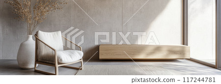Japandi interiors design composition with neutral tones, natural lighting and minimal furniture. Oriental inspired Real Estate interiors with copyspace. 117244781