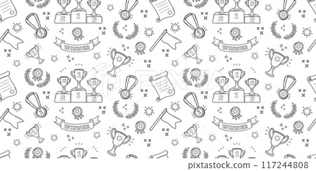 Doodle pattern sport. Background with linear symbols of winner. Black and white pattern with cups Doodle pattern sport. Background with linear symbols of winner. Black and white pattern with cups 117244808