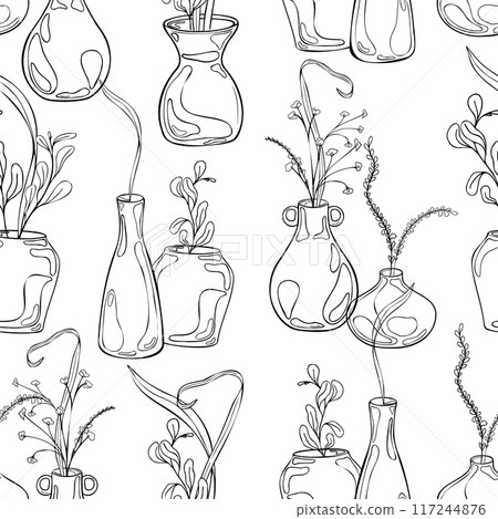 Vases with floral arrangement in black white vector seamless pattern isolated. Pottery with greenery hand drawn in line art on endless background. Pattern design with leaves and stems in clay jugs Vases with floral arrangement in black white vector seamless pattern isolated. Pottery with greenery hand drawn in line art on endless background. Pattern design with leaves and stems in clay jugs 117244876