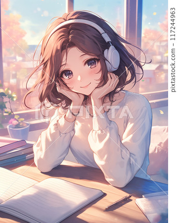 戴著耳機學習的高中女生 117244963
