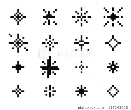 Pixel star retro 8 bit sparkle set. Shiny game pixel art effect set. Firework burst, space decoration. 90s aesthetics, y2k Pixel star retro 8 bit sparkle set. Shiny game pixel art effect set. Firework burst, space decoration. 90s aesthetics, y2k 117245028